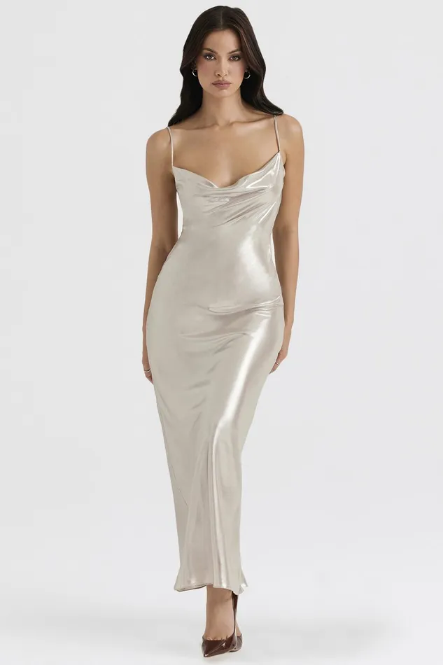 House Of CB LeiaChampagne Shimmer Low Back Maxi Dress 8211 SALE Champagne Women Bodycon Dresses