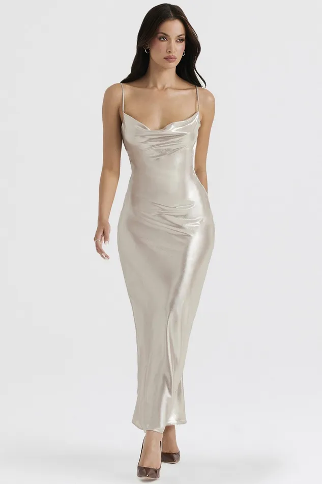 House Of CB LeiaChampagne Shimmer Low Back Maxi Dress 8211 SALE Champagne Women Bodycon Dresses