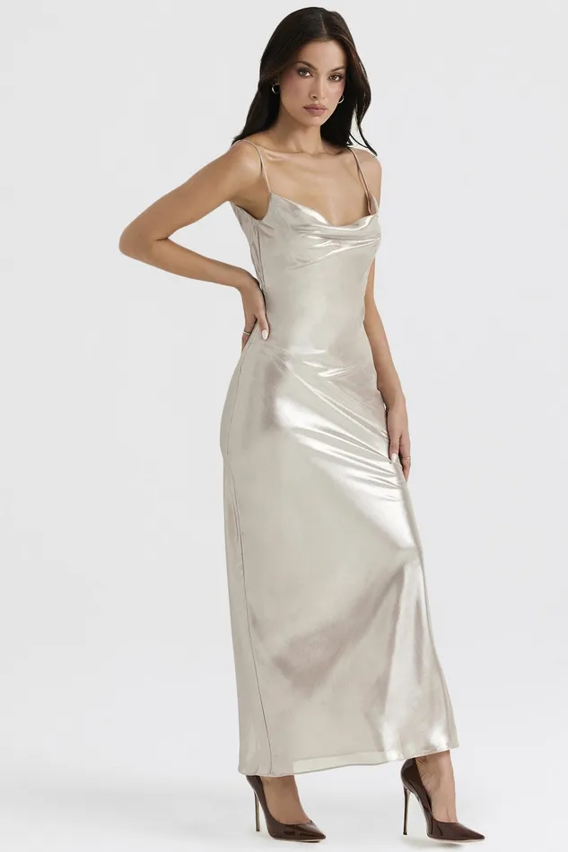 House Of CB LeiaChampagne Shimmer Low Back Maxi Dress 8211 SALE Champagne Women Bodycon Dresses