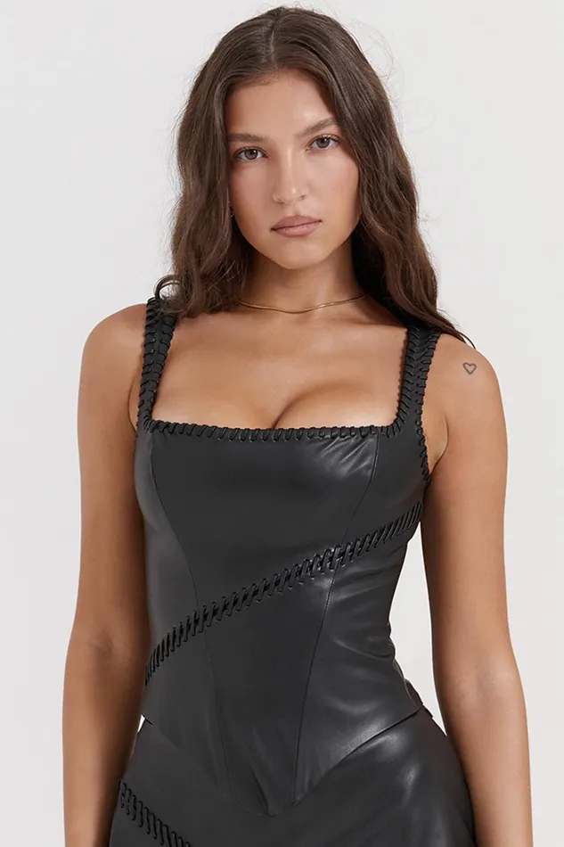 House Of CB LeonieBlack Vegan Leather Corset Black Women Tops