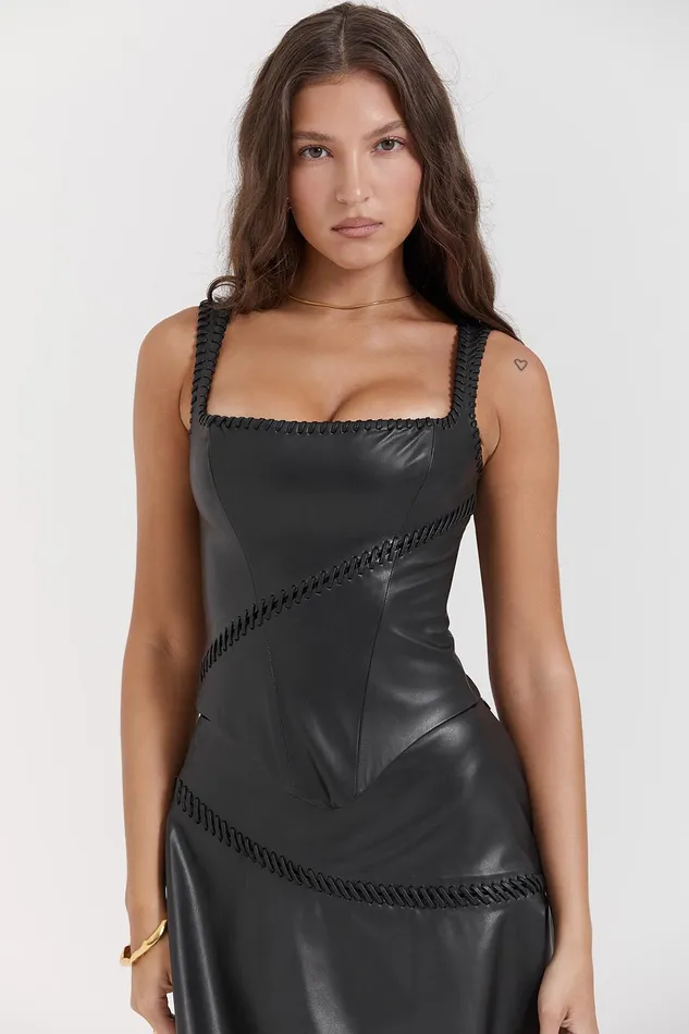 House Of CB LeonieBlack Vegan Leather Corset Black Women Tops