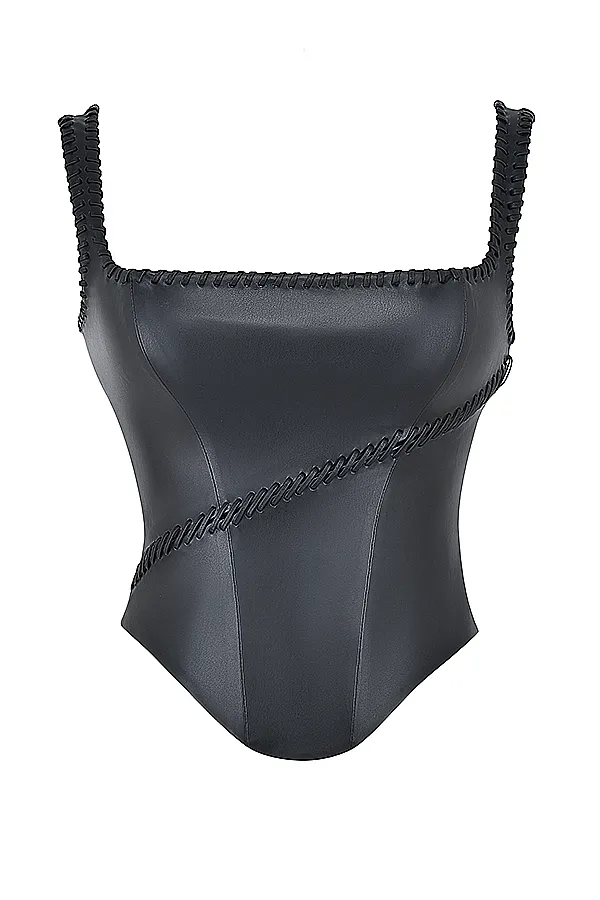 House Of CB LeonieBlack Vegan Leather Corset Black Women Tops