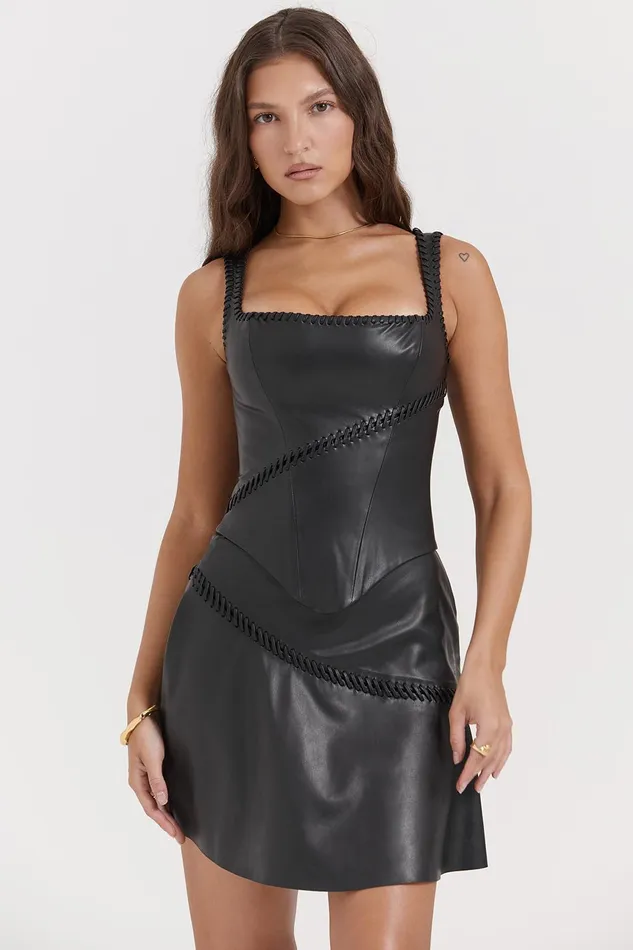House Of CB LeonieBlack Vegan Leather Corset Black Women Tops