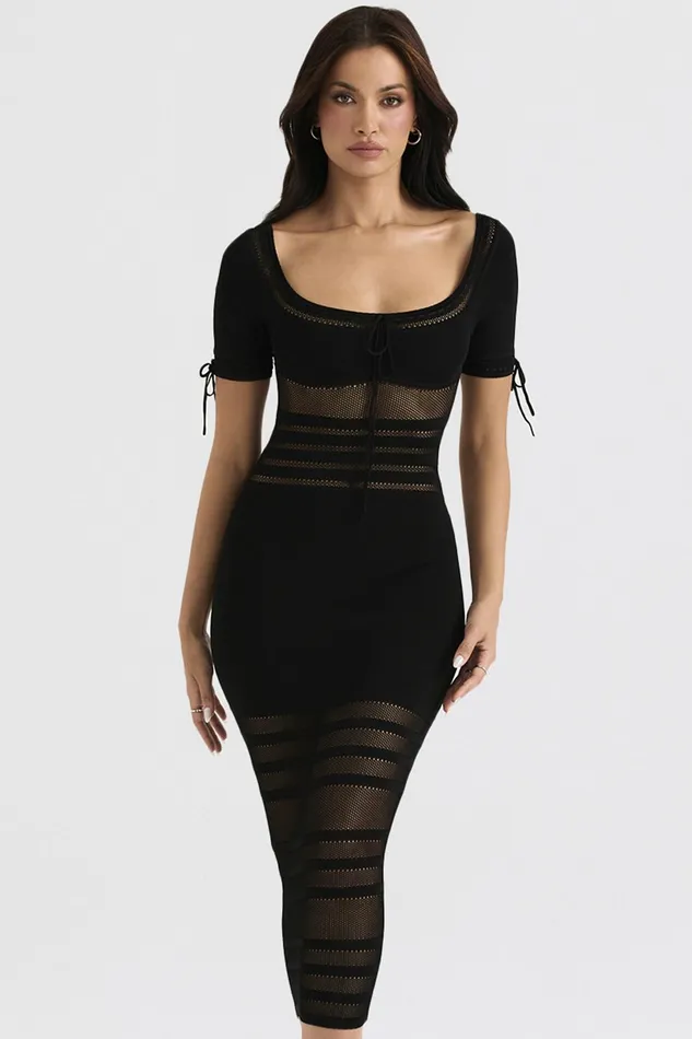 House Of CB LillaBlack Openwork Knit Midi Dress 8211 SALE Black Women Bodycon Dresses