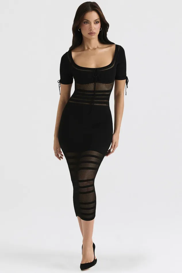House Of CB LillaBlack Openwork Knit Midi Dress 8211 SALE Black Women Bodycon Dresses