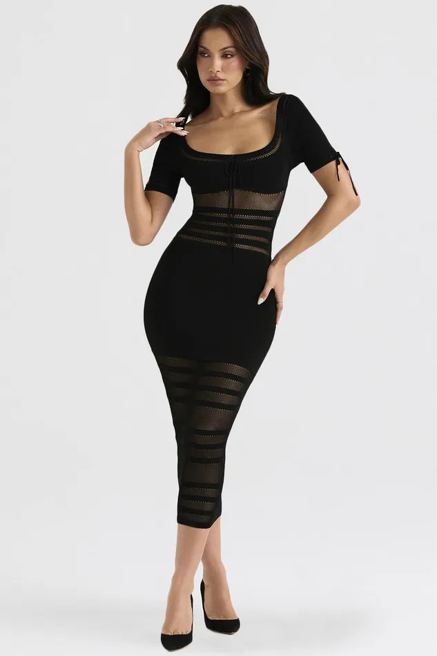 House Of CB LillaBlack Openwork Knit Midi Dress 8211 SALE Black Women Bodycon Dresses