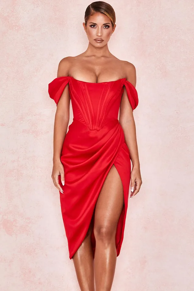 House Of CB LorettaRed Satin Off Shoulder Dress Red Women Bodycon Dresses