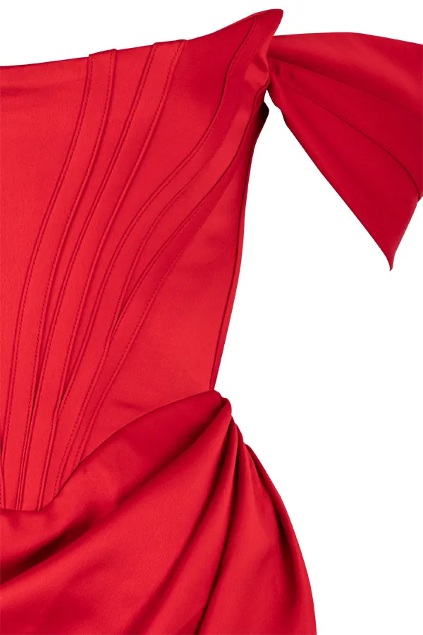 House Of CB LorettaRed Satin Off Shoulder Dress Red Women Bodycon Dresses