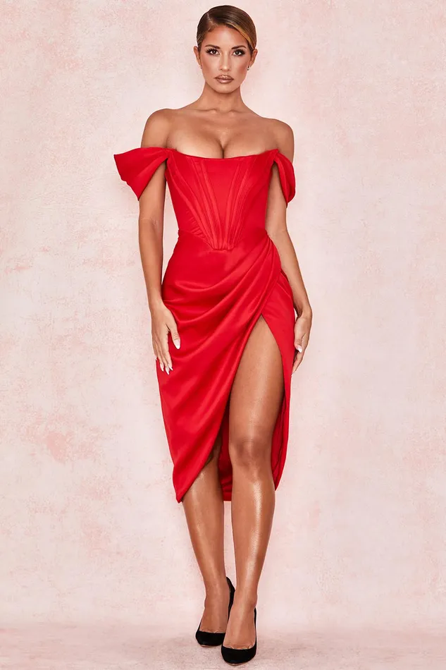 House Of CB LorettaRed Satin Off Shoulder Dress Red Women Bodycon Dresses