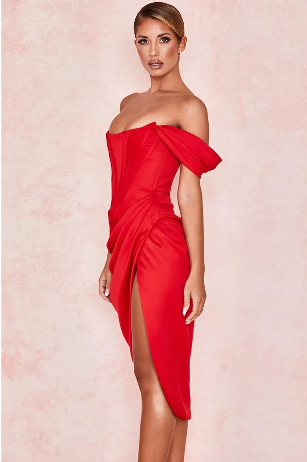 House Of CB LorettaRed Satin Off Shoulder Dress Red Women Bodycon Dresses