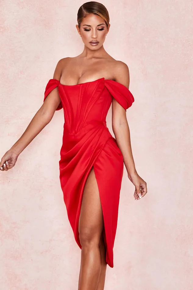 House Of CB LorettaRed Satin Off Shoulder Dress Red Women Bodycon Dresses