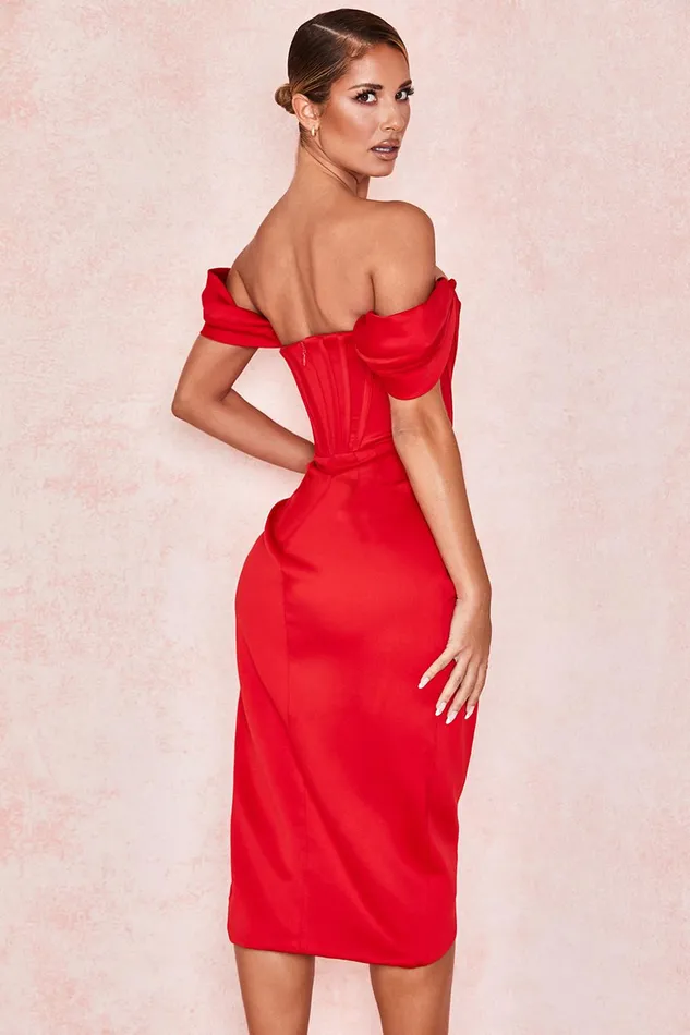 House Of CB LorettaRed Satin Off Shoulder Dress Red Women Bodycon Dresses
