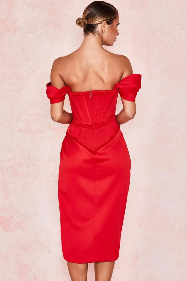 House Of CB LorettaRed Satin Off Shoulder Dress Red Women Bodycon Dresses