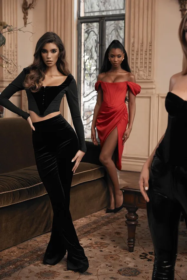 House Of CB LorettaRed Satin Off Shoulder Dress Red Women Bodycon Dresses