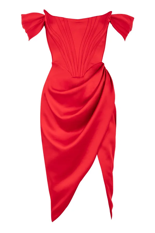 House Of CB LorettaRed Satin Off Shoulder Dress Red Women Bodycon Dresses
