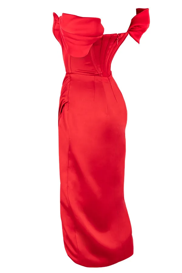 House Of CB LorettaRed Satin Off Shoulder Dress Red Women Bodycon Dresses