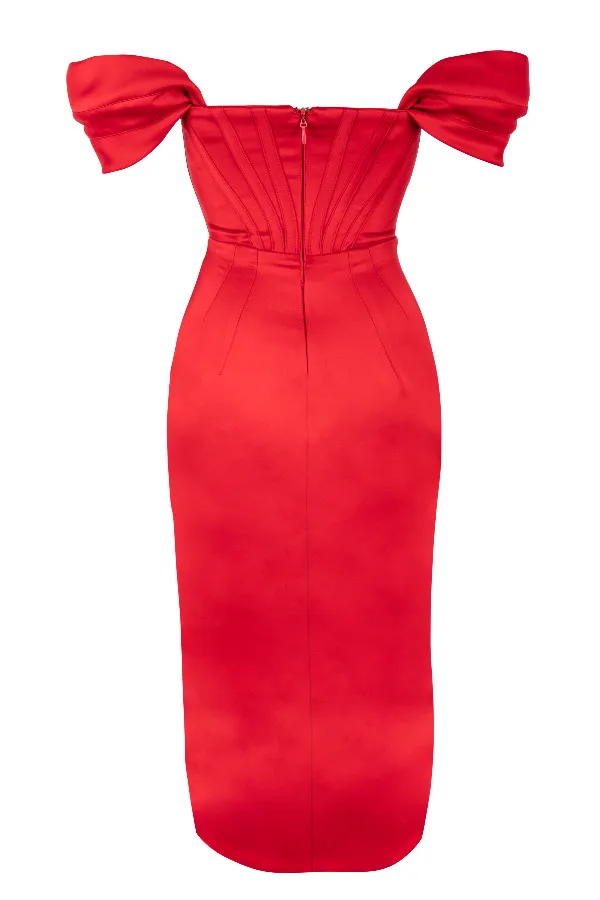 House Of CB LorettaRed Satin Off Shoulder Dress Red Women Bodycon Dresses
