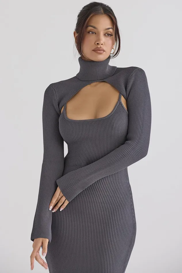 House Of CB MelioraCharcoal Knit Midi Dress 8211 SALE Charcoal Women Bodycon Dresses