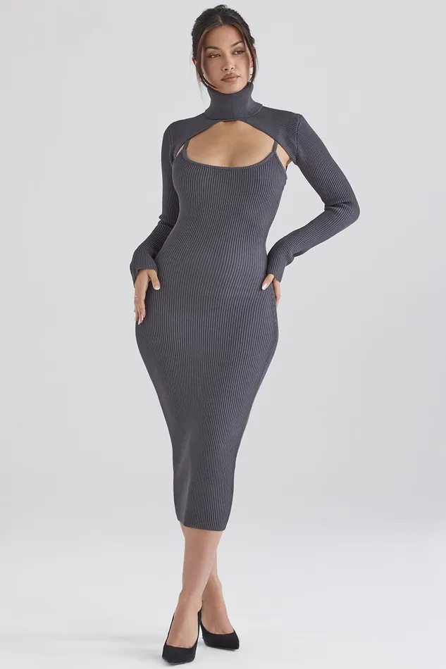 House Of CB MelioraCharcoal Knit Midi Dress 8211 SALE Charcoal Women Bodycon Dresses
