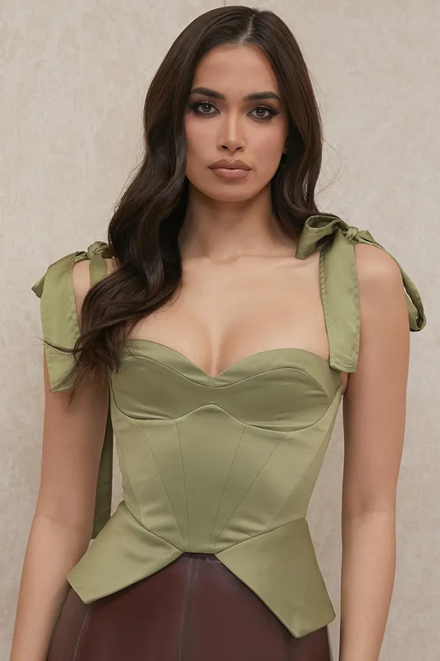 House Of CB MyaOlive Satin Peplum Corset Olive Women Tops