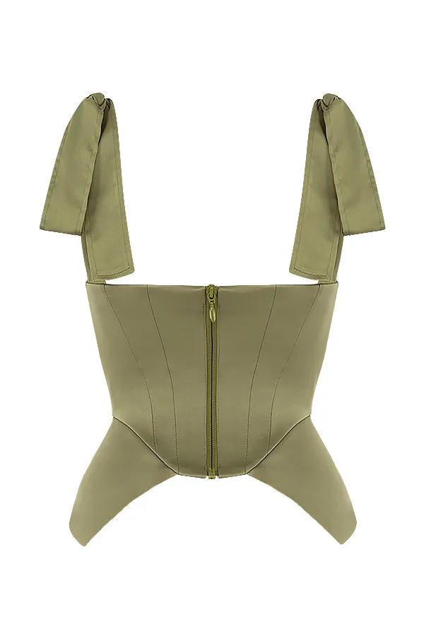 House Of CB MyaOlive Satin Peplum Corset Olive Women Tops
