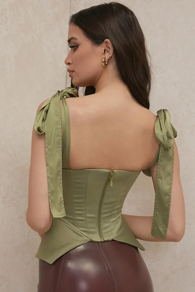 House Of CB MyaOlive Satin Peplum Corset Olive Women Tops