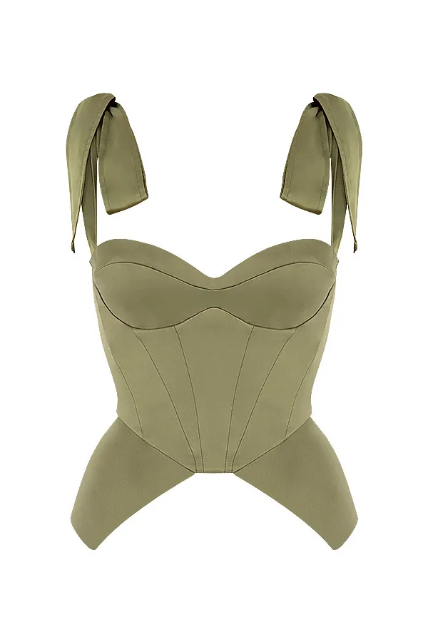 House Of CB MyaOlive Satin Peplum Corset Olive Women Tops