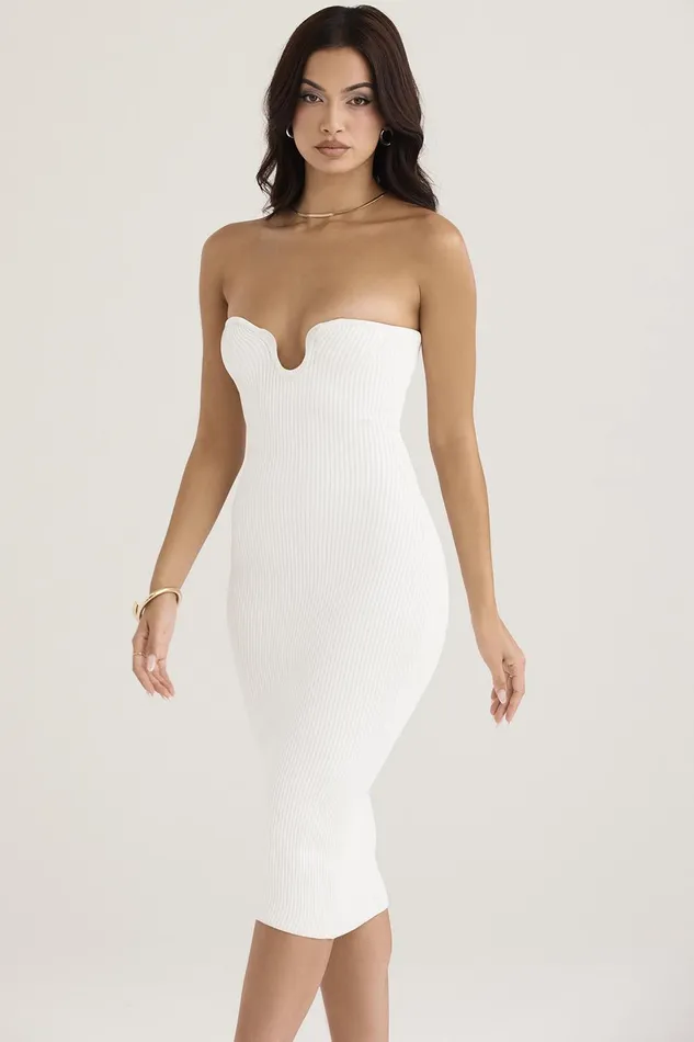 House Of CB OrianaWhite Ribbed Knit Strapless Midi Dress 8211 SALE White Women Bodycon Dresses