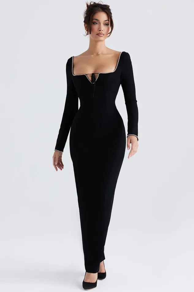 House Of CB RosaBlack Crystal Embellished Maxi Dress 8211 SALE Black Women Bodycon Dresses