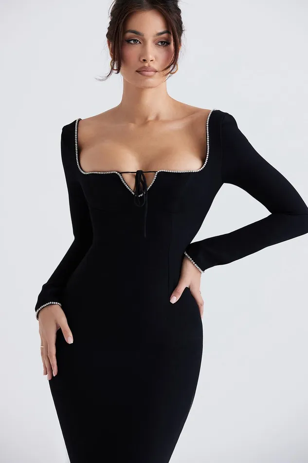 House Of CB RosaBlack Crystal Embellished Maxi Dress 8211 SALE Black Women Bodycon Dresses