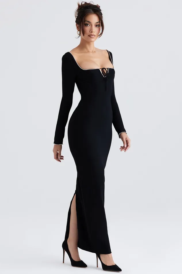 House Of CB RosaBlack Crystal Embellished Maxi Dress 8211 SALE Black Women Bodycon Dresses