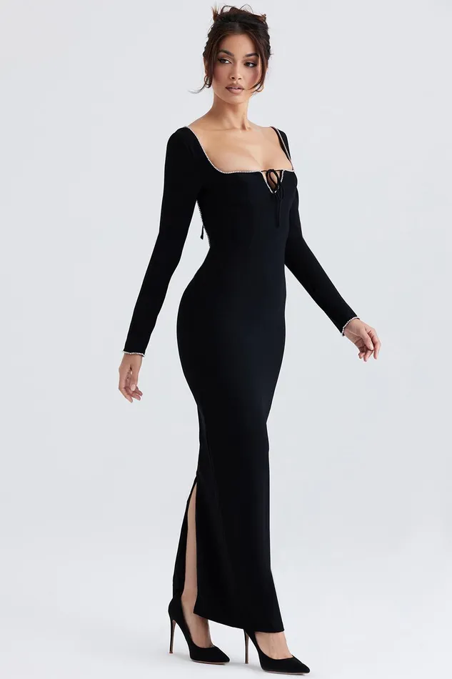 House Of CB RosaBlack Crystal Embellished Maxi Dress 8211 SALE Black Women Bodycon Dresses