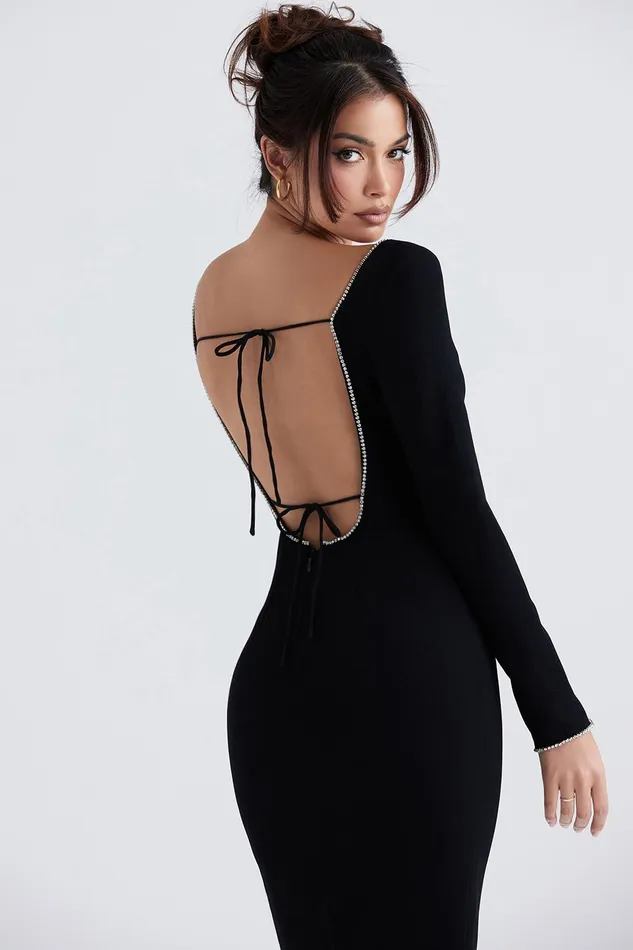 House Of CB RosaBlack Crystal Embellished Maxi Dress 8211 SALE Black Women Bodycon Dresses