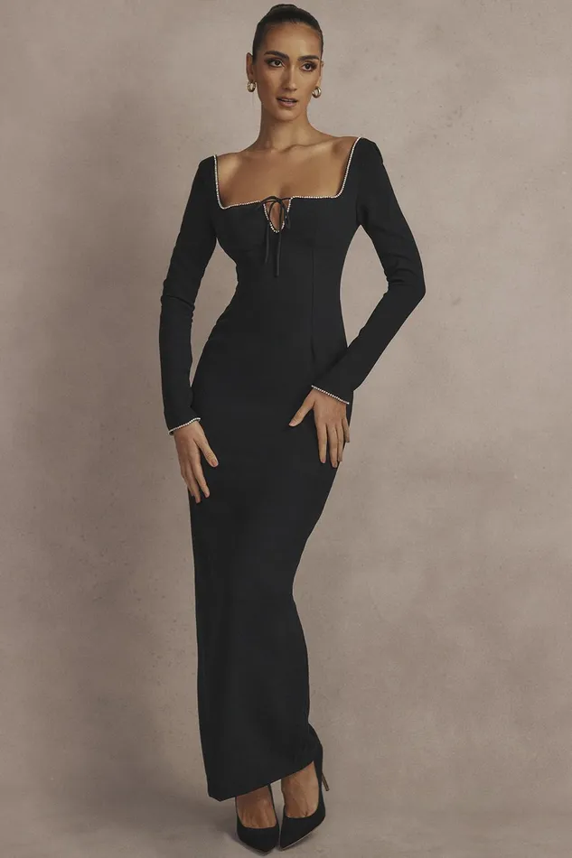 House Of CB RosaBlack Crystal Embellished Maxi Dress 8211 SALE Black Women Bodycon Dresses