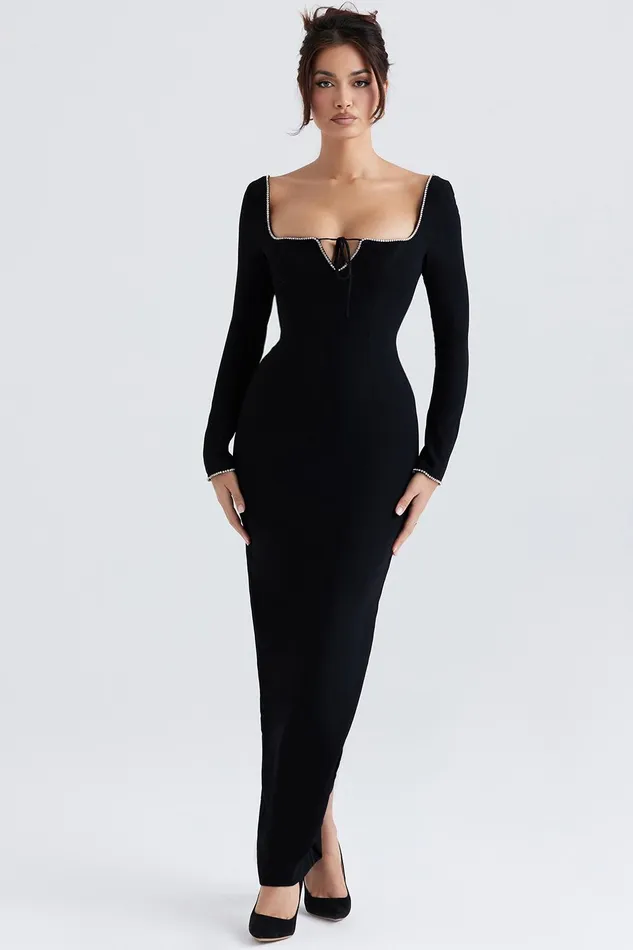 House Of CB RosaBlack Crystal Embellished Maxi Dress 8211 SALE Black Women Bodycon Dresses