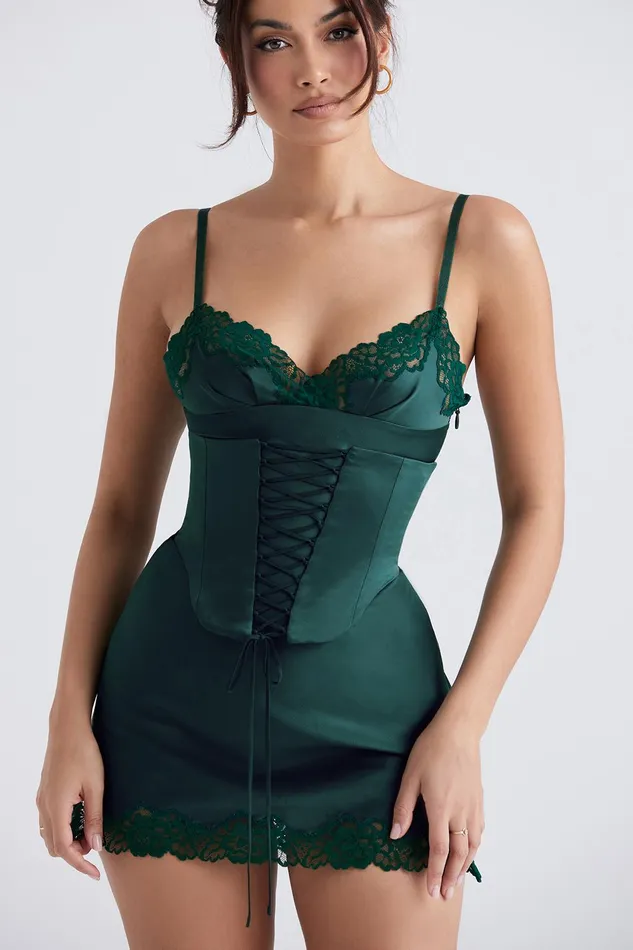 House Of CB SorayaForest Satin Slip Dress 8211 SALE Forest Women Corset Dresses