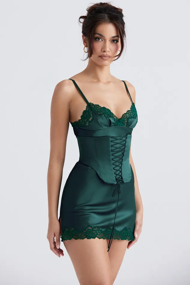House Of CB SorayaForest Satin Slip Dress 8211 SALE Forest Women Corset Dresses