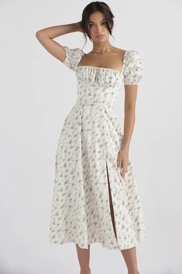 House Of CB TallulahGarden Print Puff Sleeve Midi Sundress Garden Women Corset Dresses