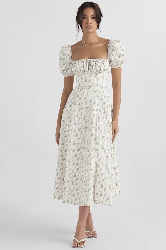 House Of CB TallulahGarden Print Puff Sleeve Midi Sundress Garden Women Corset Dresses
