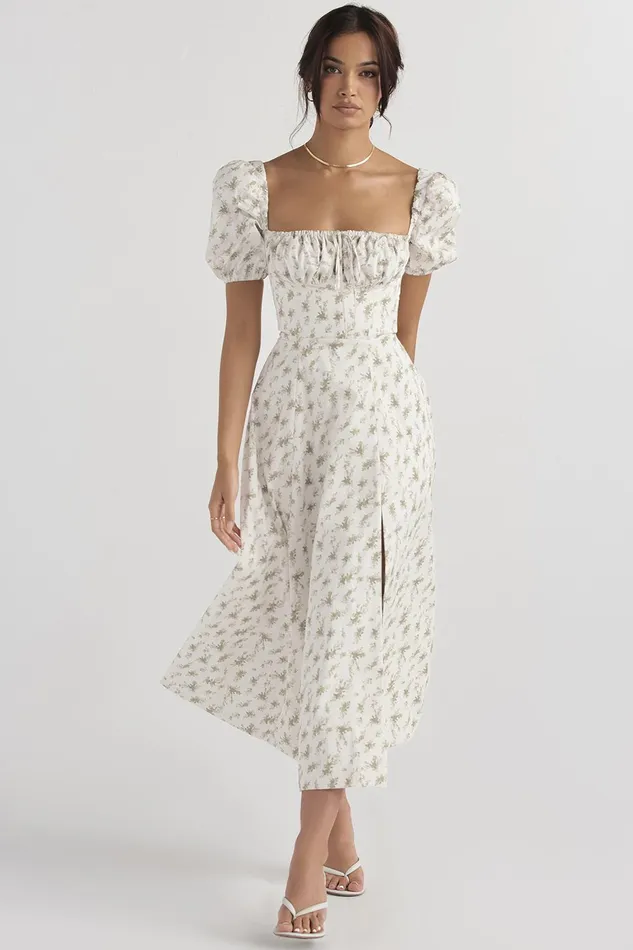 House Of CB TallulahGarden Print Puff Sleeve Midi Sundress Garden Women Corset Dresses