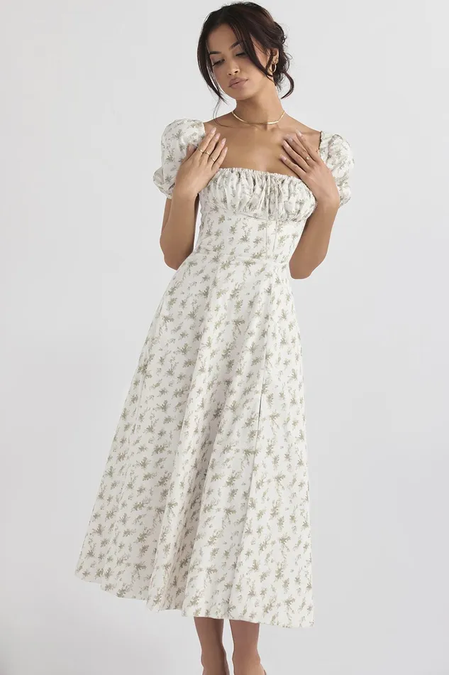 House Of CB TallulahGarden Print Puff Sleeve Midi Sundress Garden Women Corset Dresses