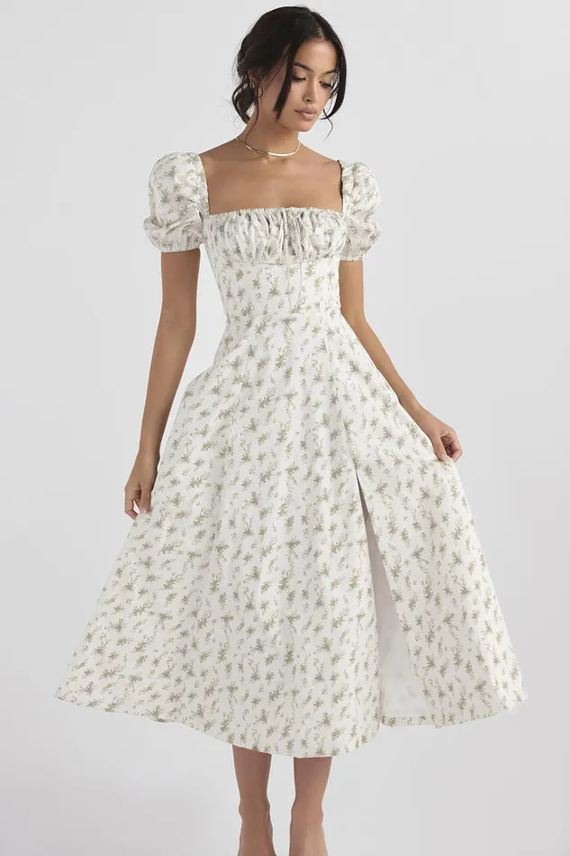 House Of CB TallulahGarden Print Puff Sleeve Midi Sundress Garden Women Corset Dresses