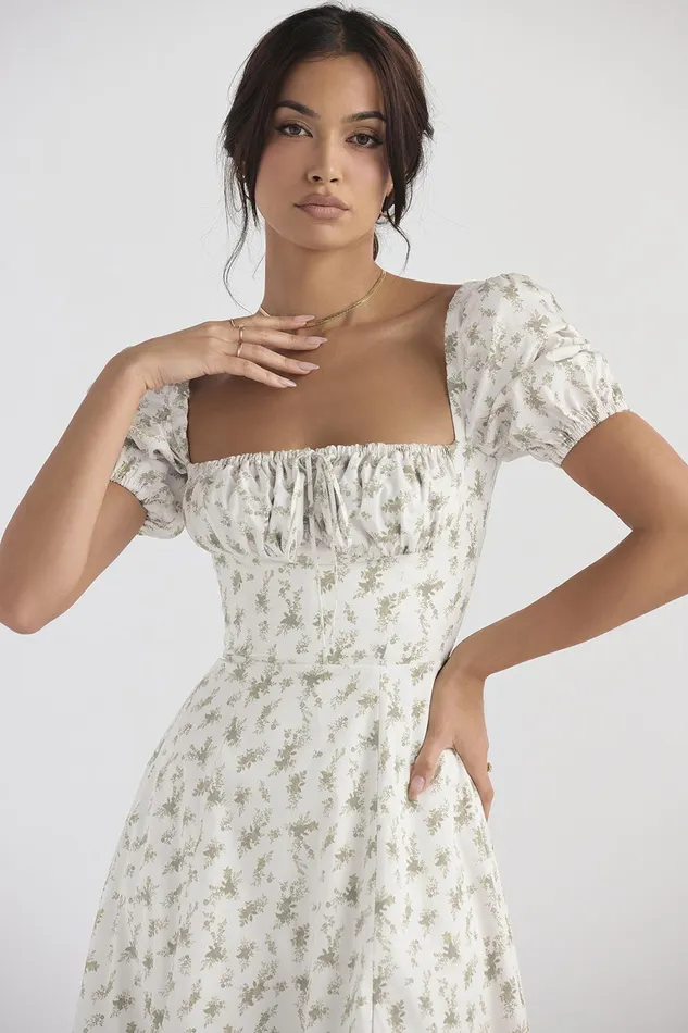 House Of CB TallulahGarden Print Puff Sleeve Midi Sundress Garden Women Corset Dresses