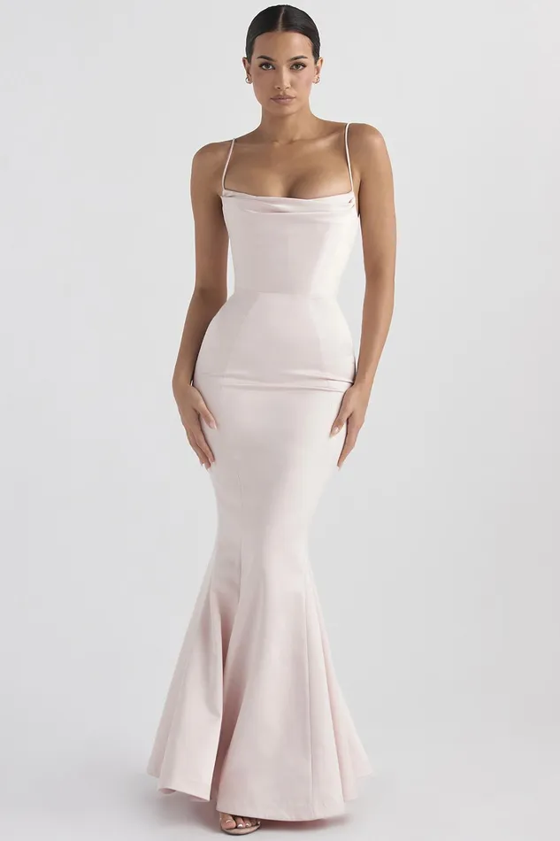 House Of CB VioletteBlush Satin Fishtail Gown 8211 SALE Blush Women Maxi Dresses