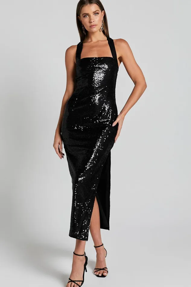Ilena Midi Dress 8211 Square Neck Side Split In Black Women Showpo Dresses