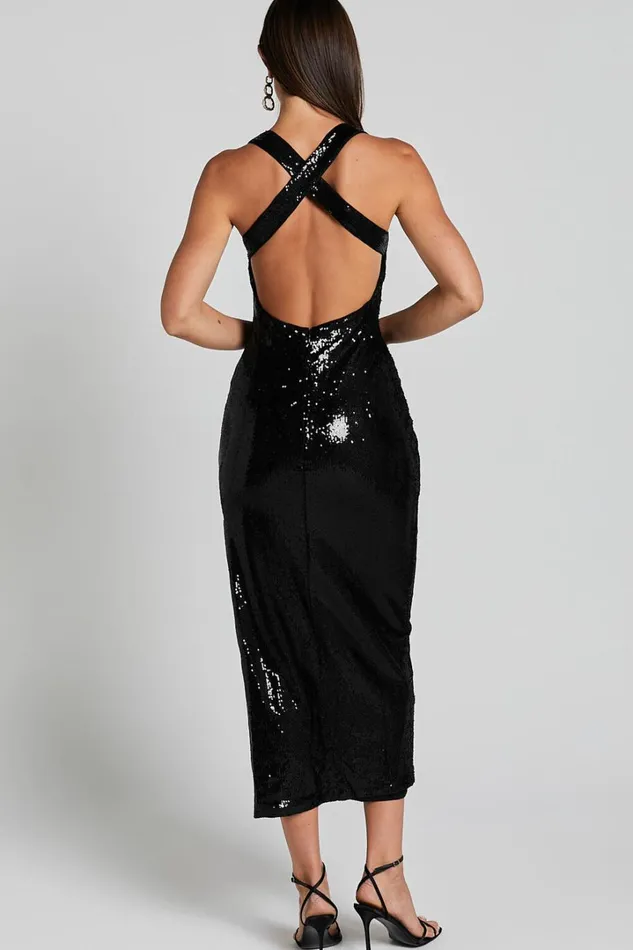 Ilena Midi Dress 8211 Square Neck Side Split In Black Women Showpo Dresses