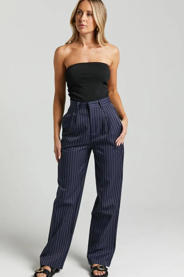Iyah Pants 8211 High Waisted Tailored Pants In Navy Pinstripe Women Showpo Pants