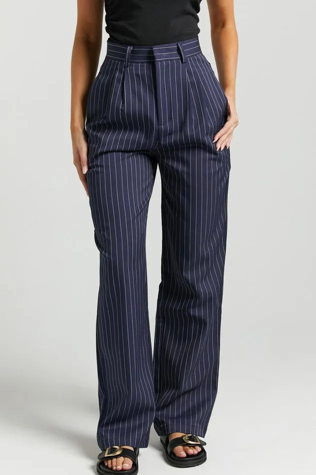 Iyah Pants 8211 High Waisted Tailored Pants In Navy Pinstripe Women Showpo Pants