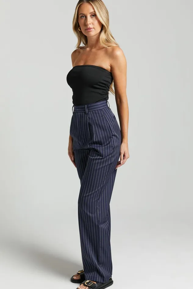 Iyah Pants 8211 High Waisted Tailored Pants In Navy Pinstripe Women Showpo Pants