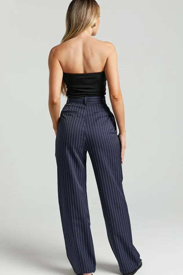 Iyah Pants 8211 High Waisted Tailored Pants In Navy Pinstripe Women Showpo Pants